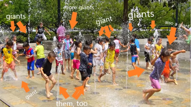 Kids in fountain - giant labels- from freeimages